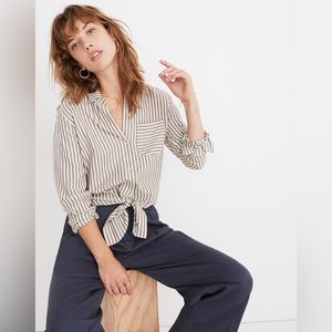 NWT Madewell Tie-Front Shirt in Maitland Stripe - Gray/Cream Small